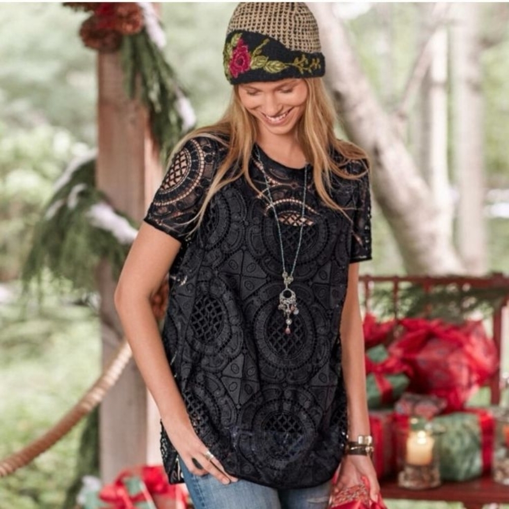 Sundance Tunic Top Small Black Crochet Lace Sheer Whimsygoth Dark Fairy‎ Boho